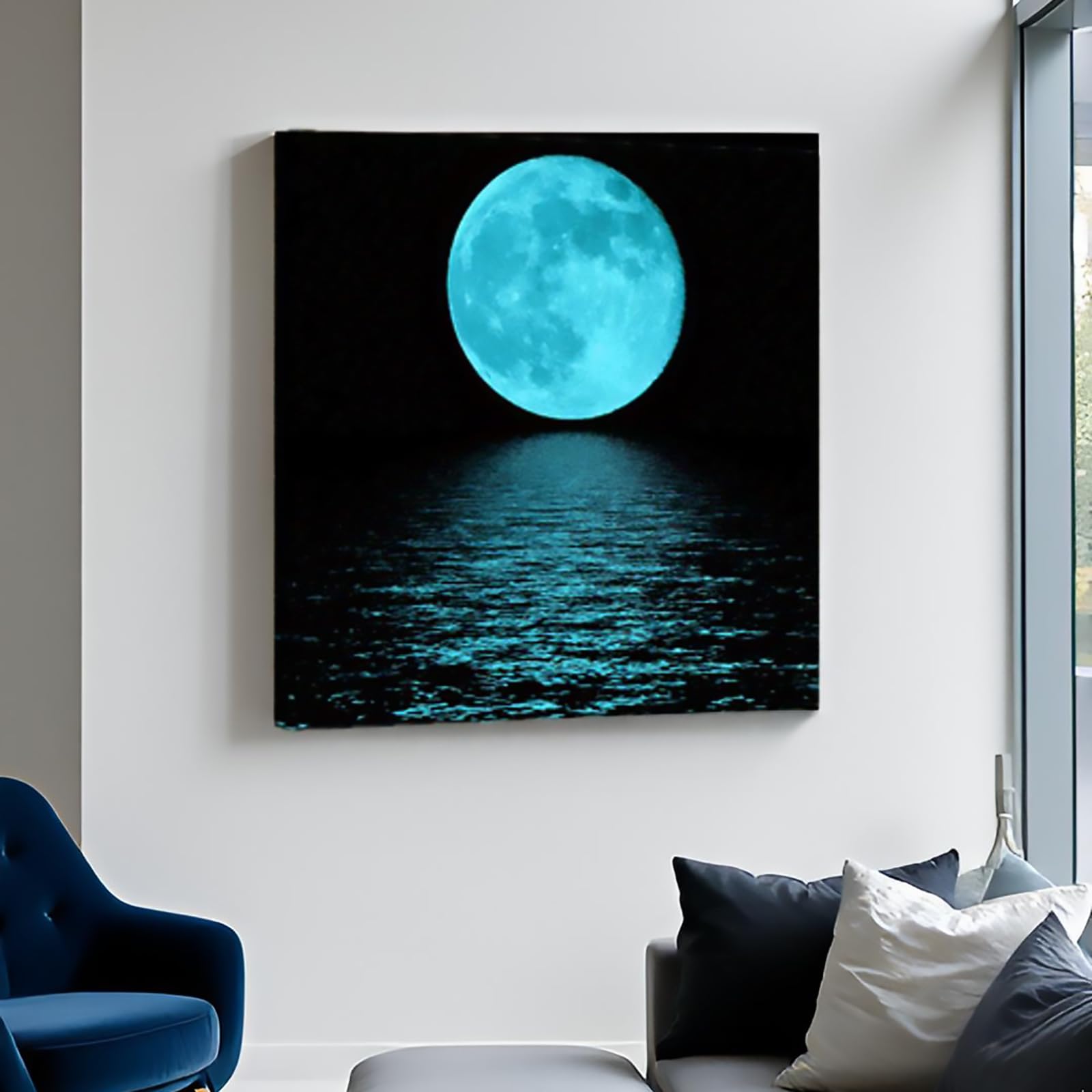 Amazon.com: Conipit Moon Wall Art Teal Blue Framed Canvas 20''x20